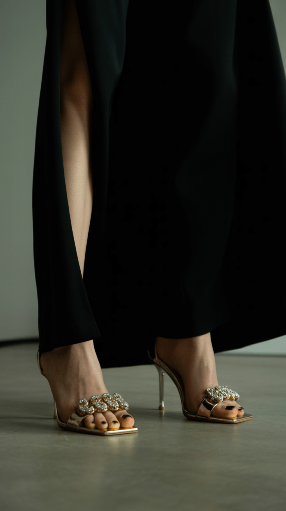 The gold high heels goes with every outfit. The golden shoe is a versatile and timeless accessory that complements virtually any outfit.