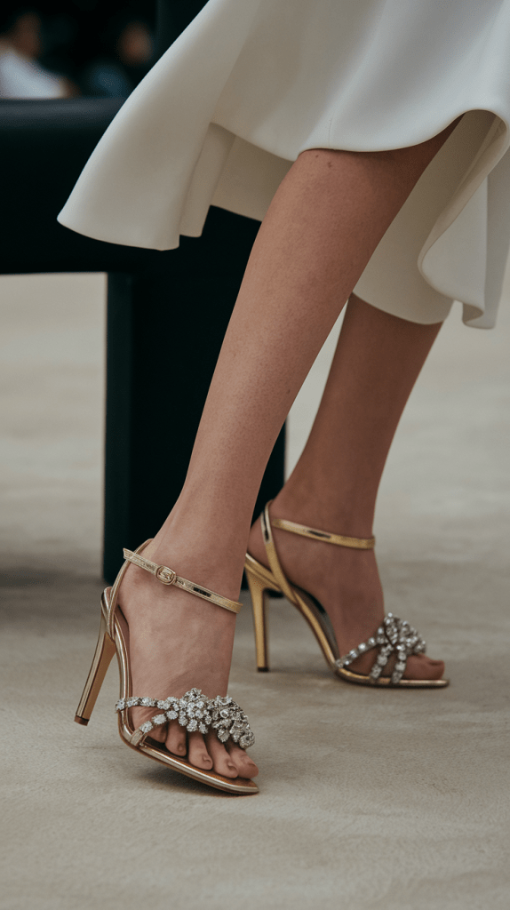 The gold high heels goes with every outfit. The golden shoe is a versatile and timeless accessory that complements virtually any outfit.