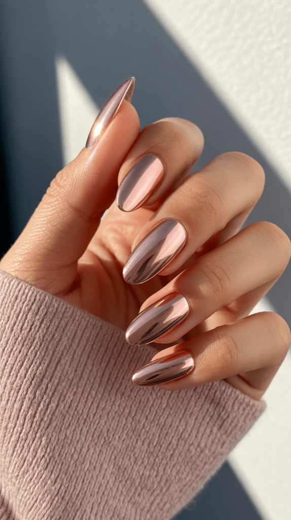 80 Rose gold nails.  A unique and versatile style that blends luxury with a playful touch
