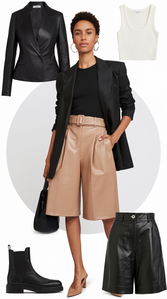 Black Blazer With Leather Bermuda Shorts