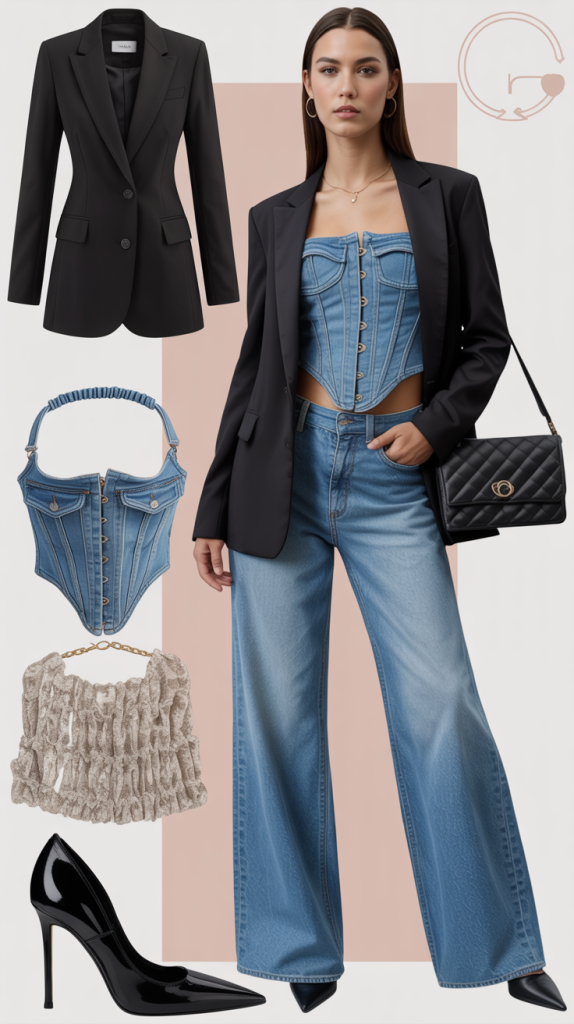Black Blazer + Denim Corset + Straight Jeans