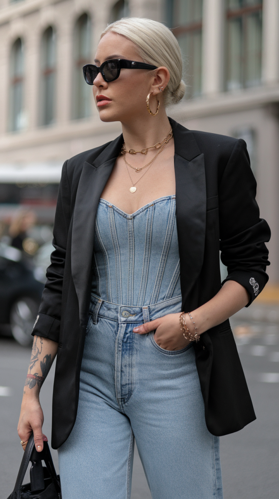 Black Blazer + Denim Corset + Straight Jeans