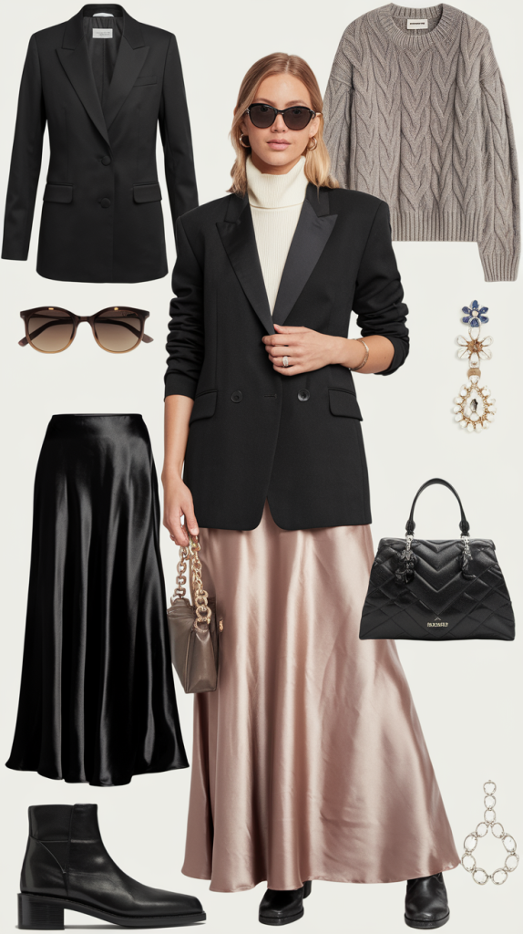 Blazer With a Floor-Length Satin Skirt and Chunky Knit