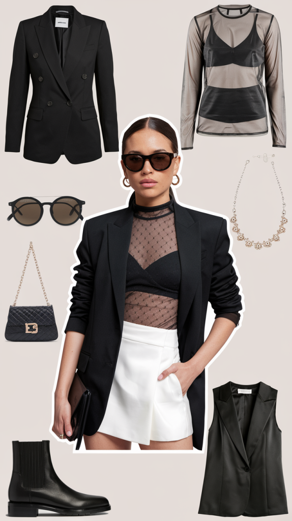 Under the blazer, layer a sheer blouse or mesh top with subtle texture. The transparency adds depth without exposure
