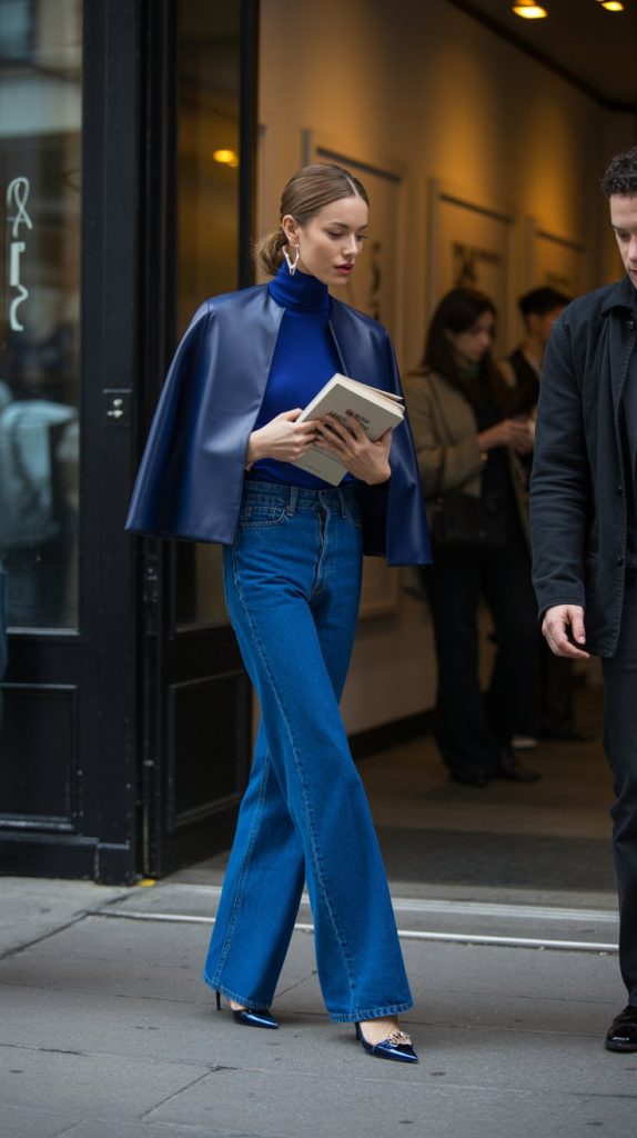A very modern, chic female model wearing washed black wide-leg denim jeans, a collarless tweed jacket, a ribbed tank top, and low-heel pumps; candid paparazzi street style photo, she is sitting at an outdoor café table stirring her espresso and looking away, unaware of the camera, polished Parisian energy, natural daylight, realistic fashion photo
