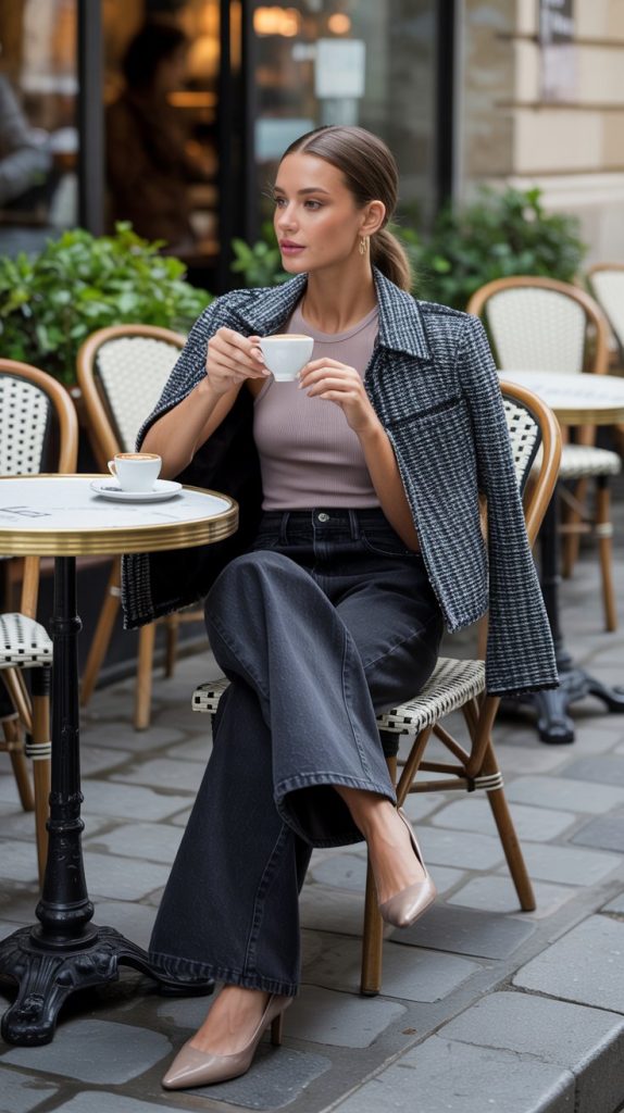 A very modern, chic female model wearing washed black wide-leg denim jeans, a collarless tweed jacket, a ribbed tank top, and low-heel pumps; candid paparazzi street style photo, she is sitting at an outdoor café table stirring her espresso and looking away, unaware of the camera, polished Parisian energy, natural daylight, realistic fashion photo