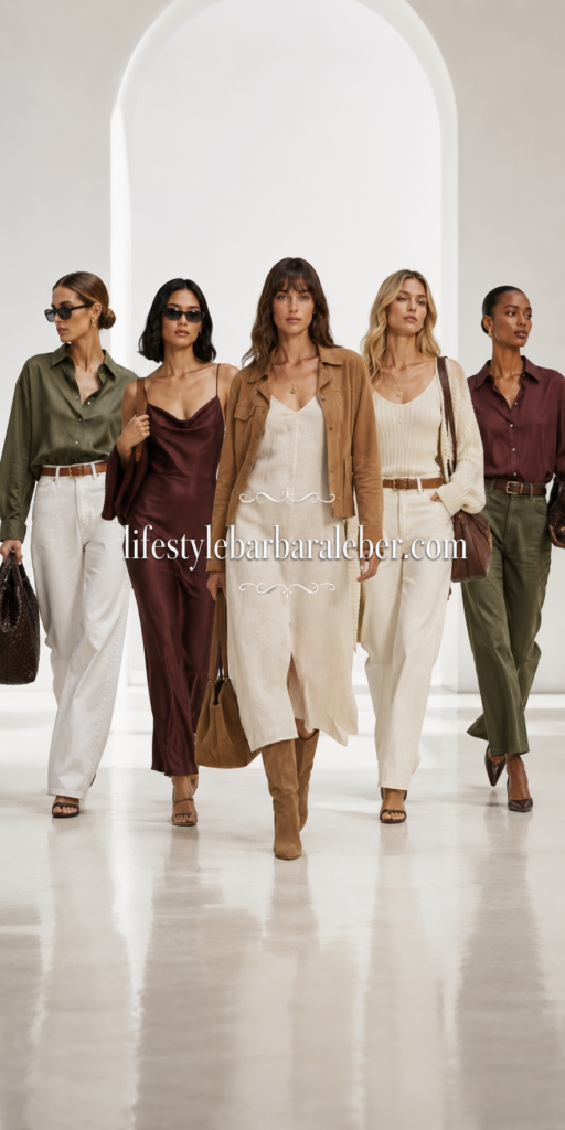 Woman in pleated trousers and a cashmere knit styled for early fall