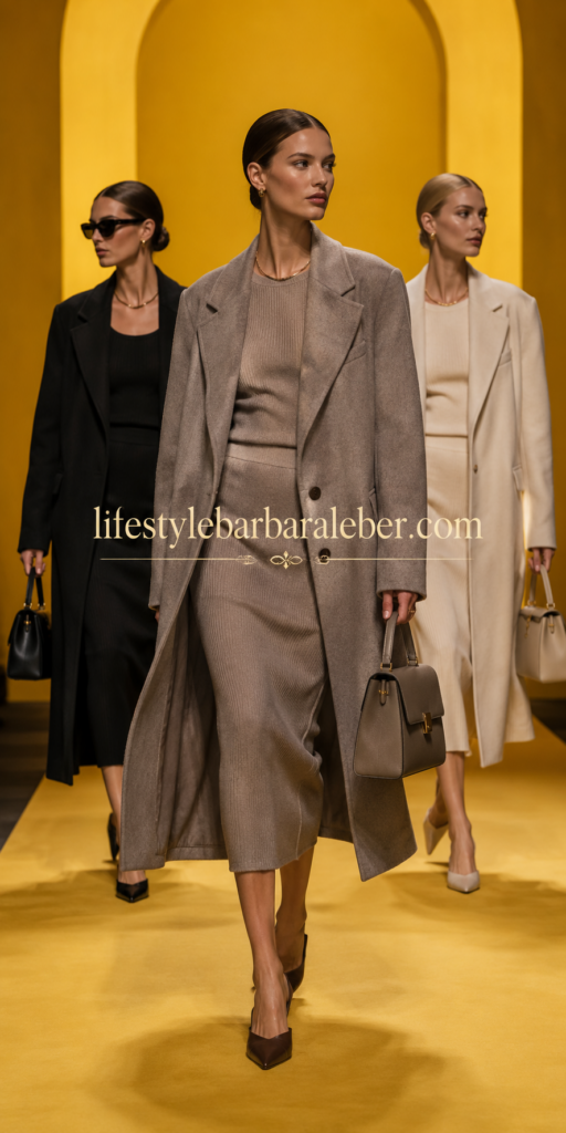Woman in a cream tonal knit set and tailored coat for an early fall look