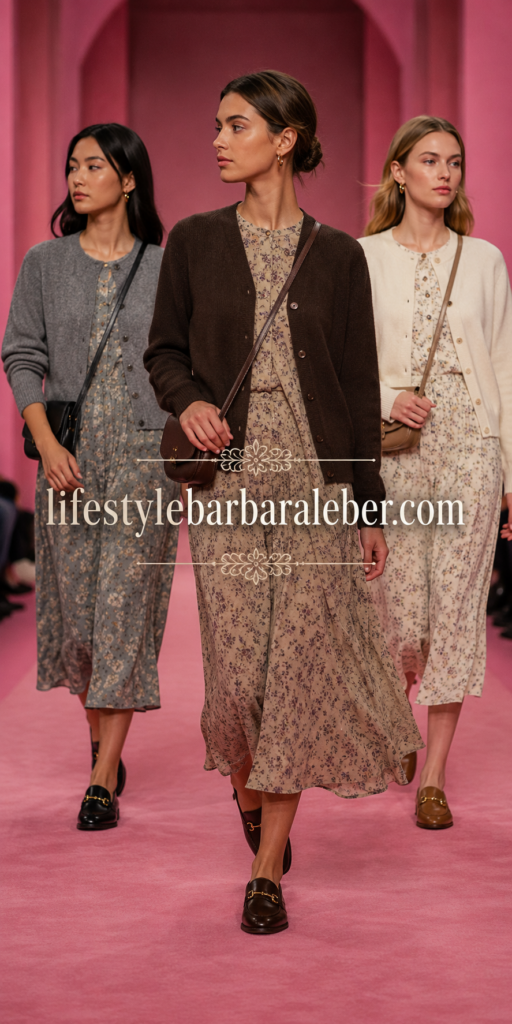  Woman in a floral midi dress, knit cardigan and loafers styled for early fall