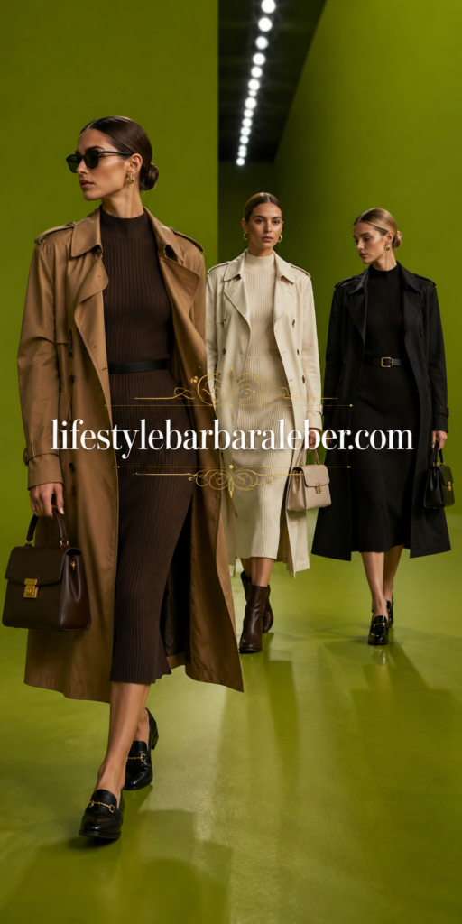 Woman in a knit midi dress layered under a trench coat for early fall
