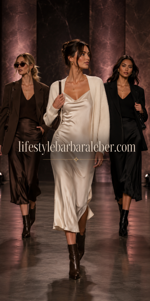 Woman in a slip dress layered with a fine knit and ankle boots for early fall