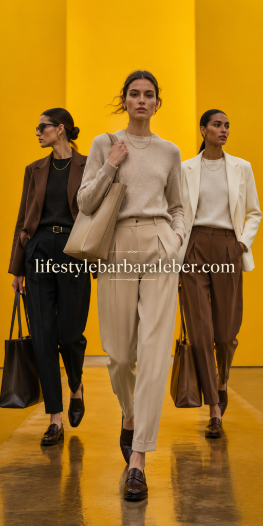 Woman in cream wide-leg trousers and a fitted fine knit for an early fall outfit