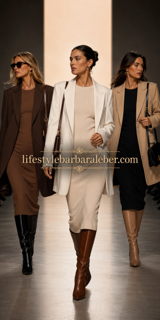 Woman in a fine knit dress, long blazer and knee boots for early fall