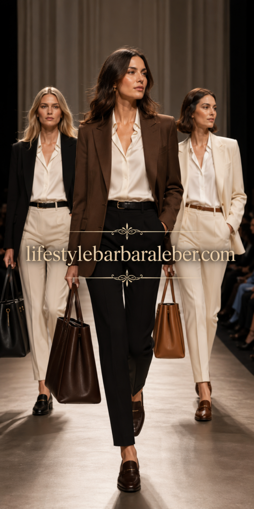 Woman in tailored trousers, a silk blouse and blazer styled for early fall work