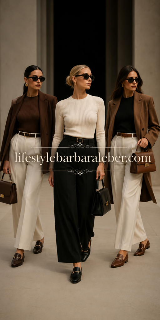 Woman in white jeans, a Breton top and camel cardigan styled for early fall