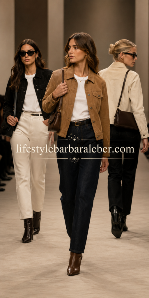  Woman in a tan suede jacket, white tee, denim and ankle boots for early fall