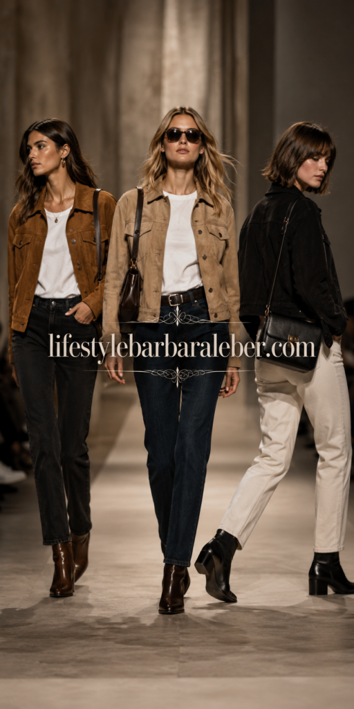 Woman in a beige trench coat, straight-leg jeans and a fine knit for an early fall outfit