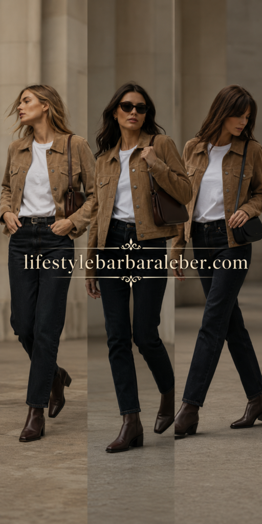  Woman in a tan suede jacket, white tee, denim and ankle boots for early fall