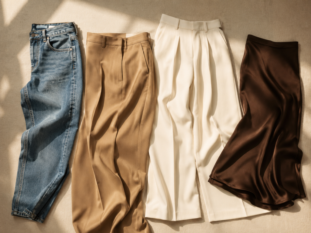 Early fall capsule bottoms including denim, tailored trousers and a midi skirt
