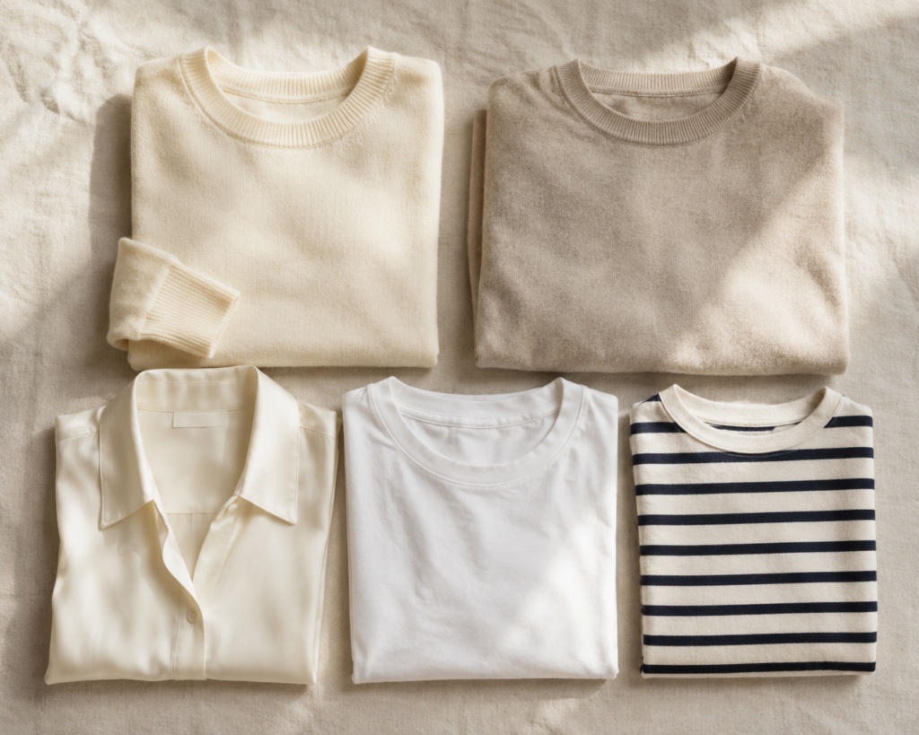 Flat lay of early fall capsule tops and knitwear in cream, camel and ivory