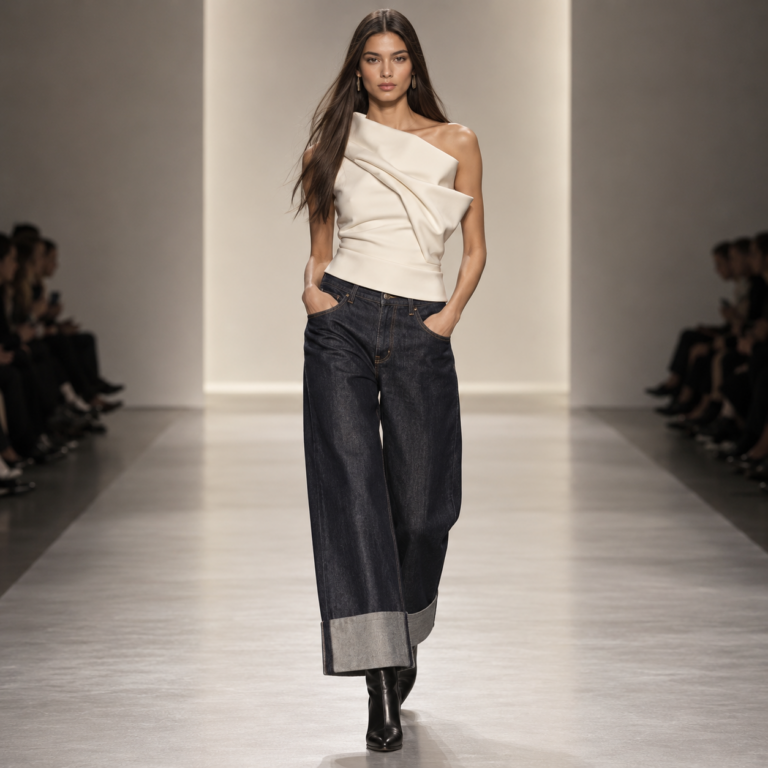 Wide-Leg Cuffed Jeans With a Sculptural Top