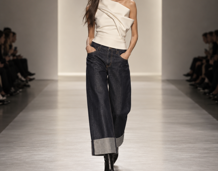 Wide-Leg Cuffed Jeans With a Sculptural Top