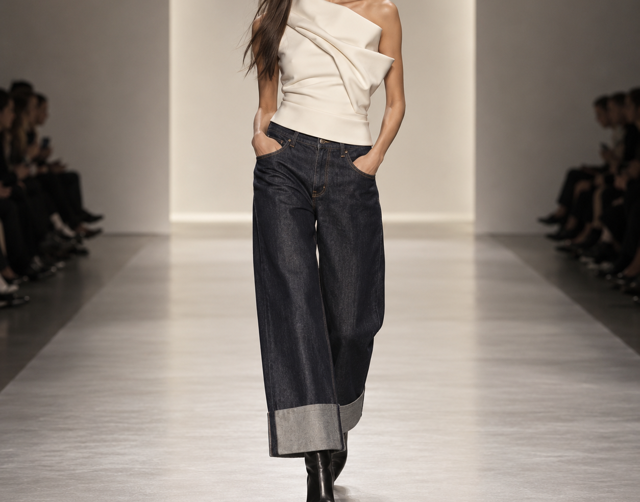 Wide-Leg Cuffed Jeans With a Sculptural Top